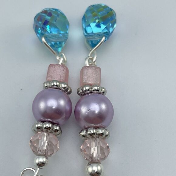 Silver Tone Blue Pink Purple Glass Beaded Dangle Earrings Faux Pearl Teardrop - Picture 5 of 6